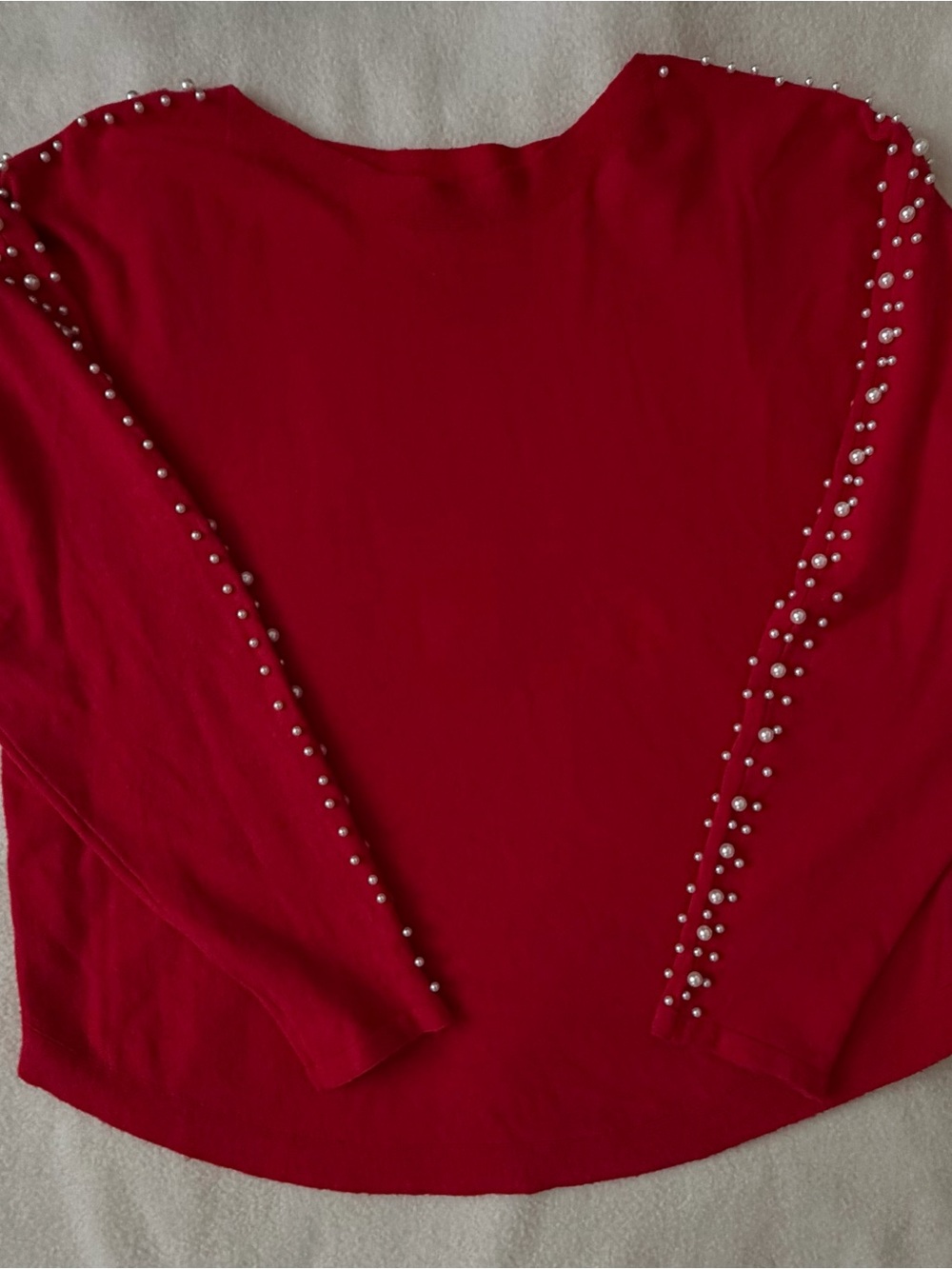 lola Paris Women's Red Pearl Beaded Sleeve Sweater Top Size M/L Chic Elegant